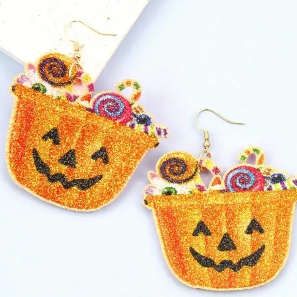Sparkly Glitter Pumpkin Candy Jackolantern Earrings
